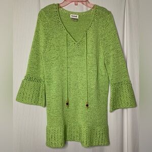 Nomi Loose Knit Sweater 3/4 Length Sleeve V Neck Lime Green Large